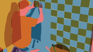 Illustratie van een tegelzetter – persoon knielt op de grond en plaatst groene en blauwe tegels tegen een muur, met een emmer en gereedschap naast zich.