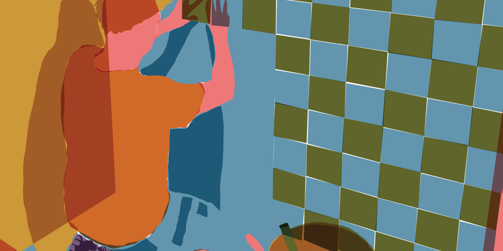 Illustratie van een tegelzetter – persoon knielt op de grond en plaatst groene en blauwe tegels tegen een muur, met een emmer en gereedschap naast zich.