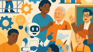 Illustratie van diverse mensen en een robot die samenwerken aan productieve taken, met het woord 'ARBEIDSPRODUCTIVITEIT' bovenaan