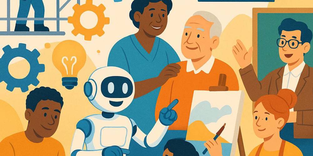 Illustratie van diverse mensen en een robot die samenwerken aan productieve taken, met het woord 'ARBEIDSPRODUCTIVITEIT' bovenaan